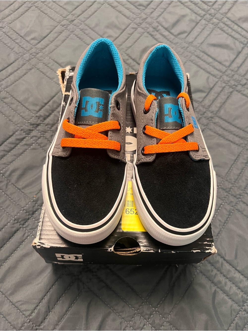 DC Kids Black & Gray Skate Sneakers with Orange Laces and Blue Accents